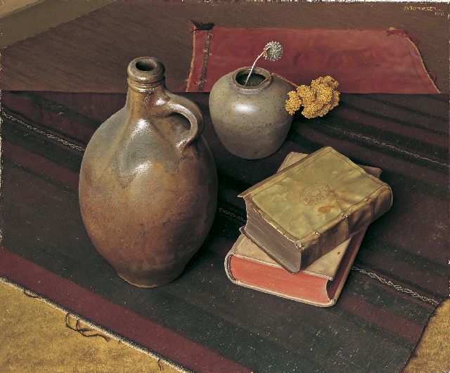 Tongeren J. van | Stilleven met boeken, kruik en vaas, olieverf op doek 50,4 x 60,0 cm, gesigneerd r.b. en gedateerd 1942