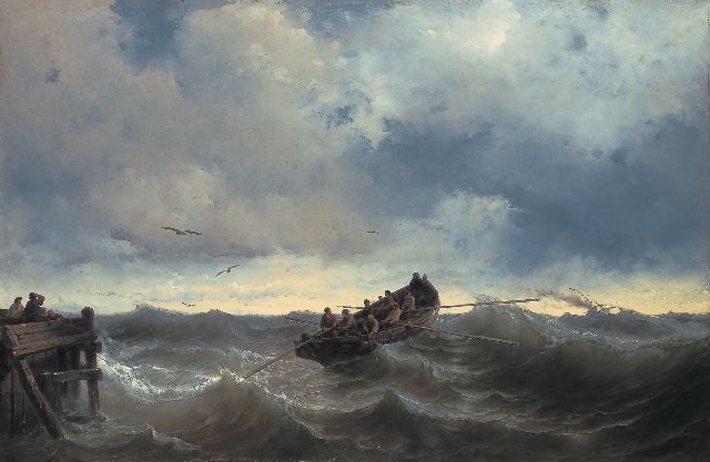 Louis Meijer | Uitvarende reddingssloep, olieverf op paneel, 85,0 x 130,5 cm, gesigneerd r.o. en gedateerd 1857