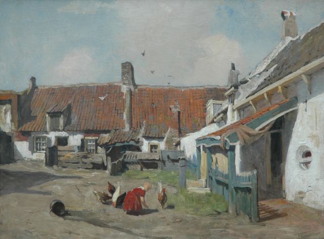 Hendrik Willebrord Jansen | Kippen voeren, Katwijk-binnen, olieverf op doek, 62,2 x 83,1 cm, gesigneerd r.o. + verso