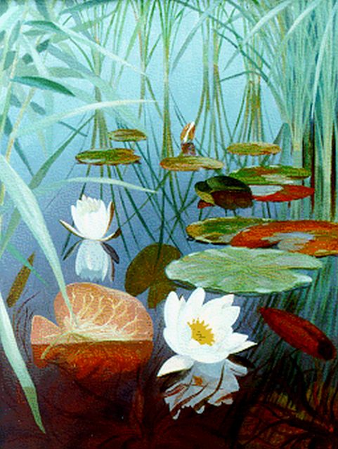 Dirk Smorenberg | Waterlelies, olieverf op doek, 51,1 x 39,2 cm, gesigneerd r.o.