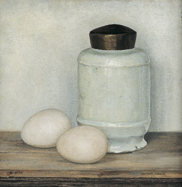Pieck A.F.  | Wit potje met twee eieren, olieverf op paneel 20,5 x 20,0 cm, gesigneerd r.o. en gedateerd 1926