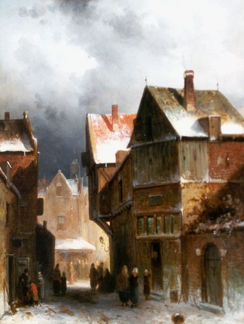 Charles Leickert | Stadsgezicht met figuren in de winter, olieverf op paneel, 26,7 x 19,6 cm, gesigneerd r.o.