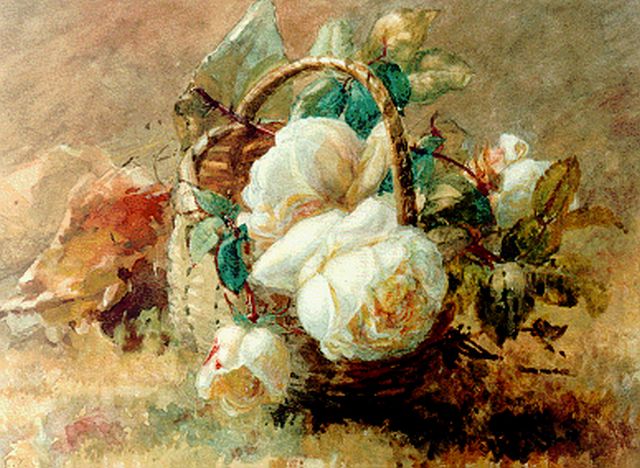Sande Bakhuyzen G.J. van de | Mandje met rozen, aquarel op papier 27,0 x 34,5 cm, gesigneerd l.o.