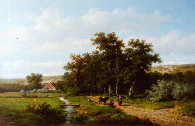 Wijngaerdt A.J. van | Landvolk op een pad, olieverf op paneel 24,0 x 37,2 cm, gesigneerd r.o.