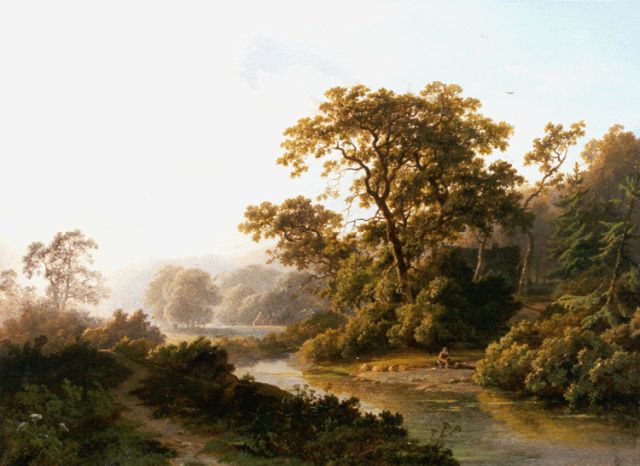 Pieter Kluyver | Een riviervallei met een jager en zijn hond, olieverf op paneel, 28,8 x 37,1 cm, gesigneerd l.o.