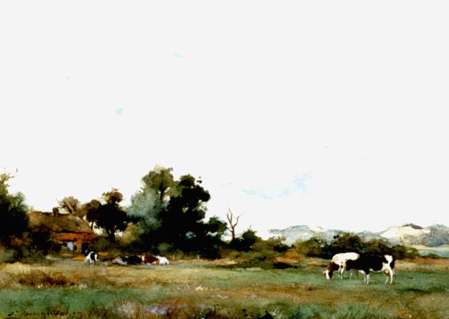 Groenewegen A.J.  | Koeien in een weide achter de duinen, aquarel en gouache op papier 23,0 x 31,2 cm, gesigneerd l.o.