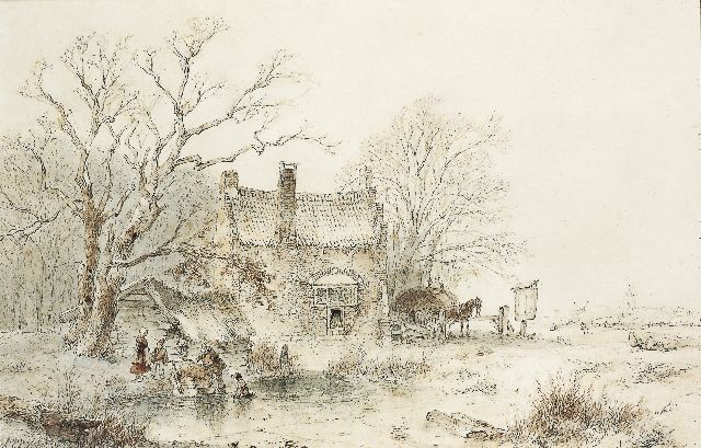 Schelfhout A.  | Winterlandschap met figuren bij een bevroren vijver, potlood en inkt op papier 27,1 x 41,5 cm, gesigneerd l.o. en gedateerd '50