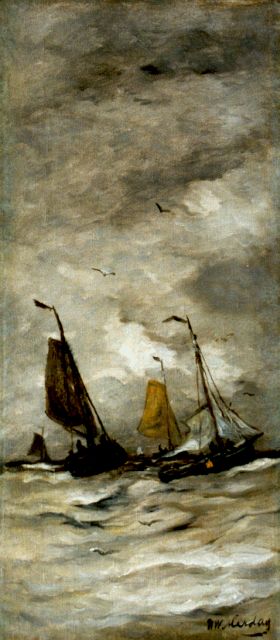 Mesdag H.W.  | Vissersschepen op volle zee, olieverf op doek 66,3 x 29,1 cm, gesigneerd r.o.