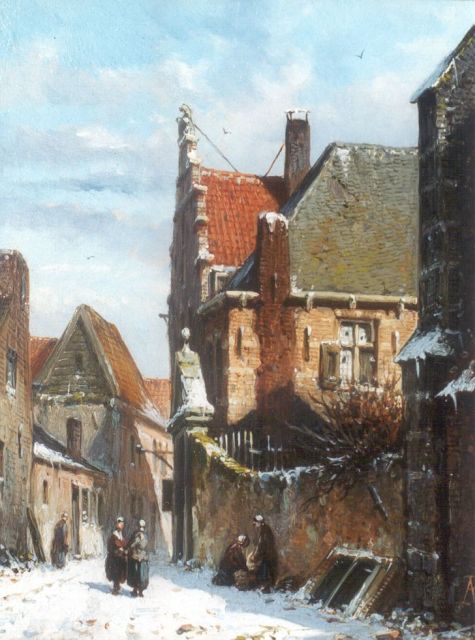 Adrianus Eversen | Oud-Hollands straatje op een zonnige winterdag pendant van inv.nr. 7313, olieverf op paneel, 19,1 x 14,7 cm, gesigneerd r.o. met monogram