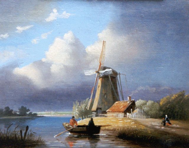 Immerzeel C.  | Hollands landschap met roeiers bij een molen, olieverf op paneel 20,7 x 24,8 cm, gesigneerd l.o.