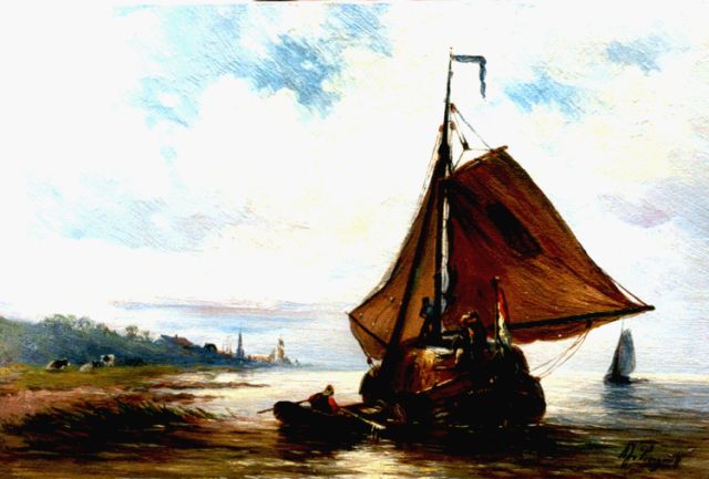 Albert Jurardus van Prooijen | Hooischuit op kalme zee, olieverf op paneel, 19,1 x 28,3 cm, gesigneerd r.o.