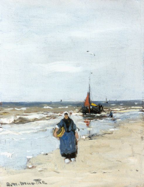 Munthe G.A.L.  | Vissersvrouw op het strand van Katwijk, olieverf op schilderskarton 21,0 x 16,0 cm, gesigneerd l.o.