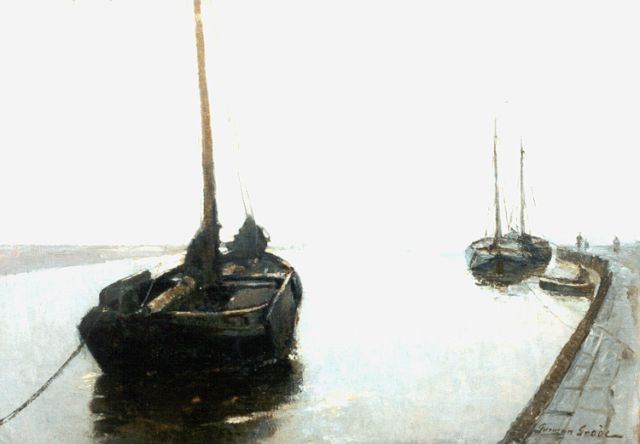 Grobe P.G.  | Afgemeerde garnalenboten op de Uitwatering Katwijk aan Zee, olieverf op doek 70,1 x 100,4 cm, gesigneerd r.o.