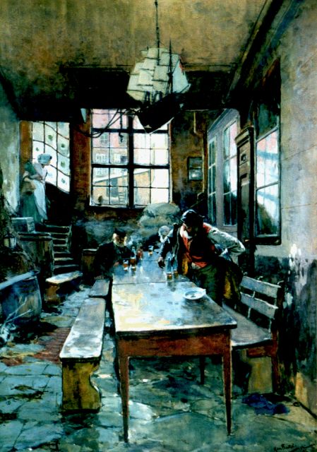 Bartels H. von | Havencafé, aquarel en gouache op papier 70,0 x 50,0 cm, gesigneerd r.o. en gedateerd '87