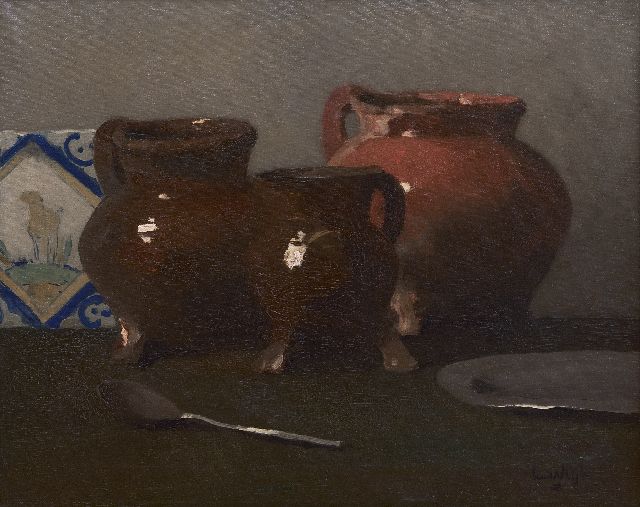 Vlist L. van der | Stilleven met loodglazuur potten, olieverf op doek 40,2 x 50,2 cm, gesigneerd r.o.
