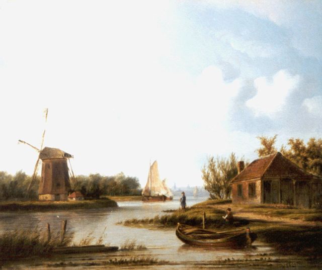 Carl Eduard Ahrendts | Rivierlandschap met molen en zeilboten, olieverf op paneel, 29,4 x 35,1 cm, gesigneerd r.o.