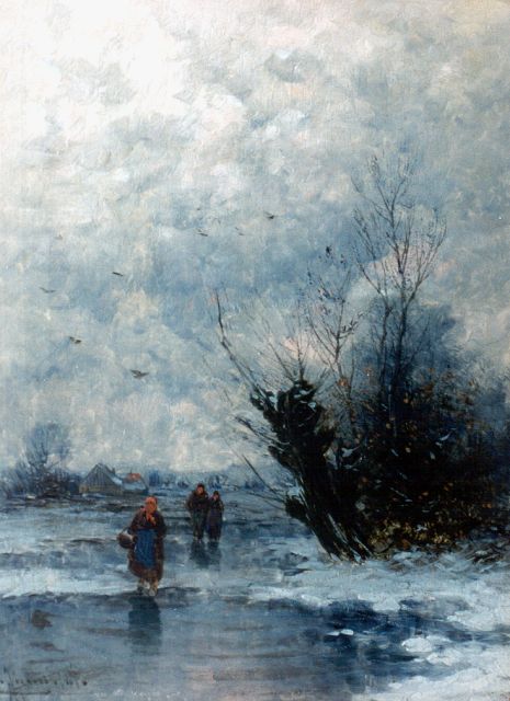 Jungblut J.  | Figuren op het ijs in Hollands winterlandschap, olieverf op paneel 23,9 x 18,0 cm, gesigneerd l.o.