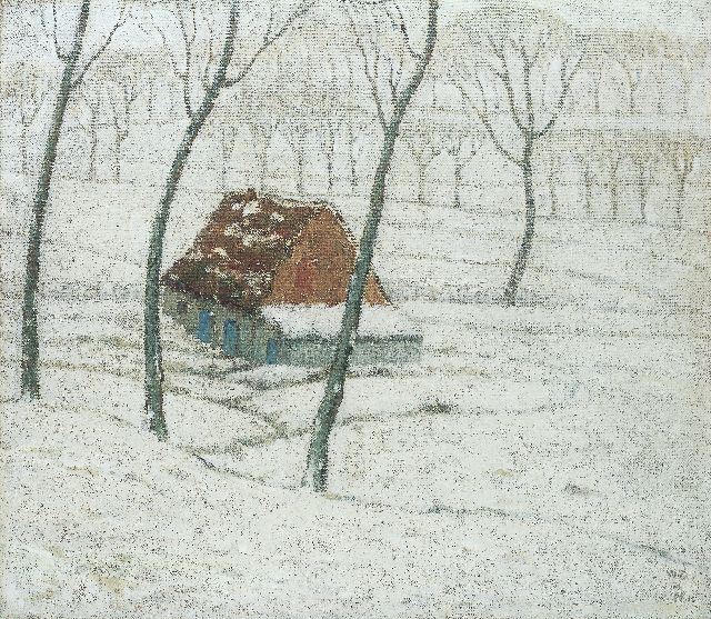 William Degouve de Nuncques | Boerderij in de sneeuw, olieverf op doek, 49,0 x 56,0 cm, gesigneerd r.o. met mon en gedateerd '12