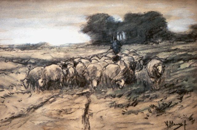 Anton Mauve | Herder met zijn kudde, houtskool en pastel op papier, 30,2 x 45,7 cm, gesigneerd r.o.