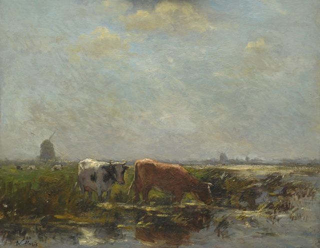 Maris W.  | Polderlandschap met vee en molengang, olieverf op paneel 38,3 x 47,2 cm, gesigneerd l.o.