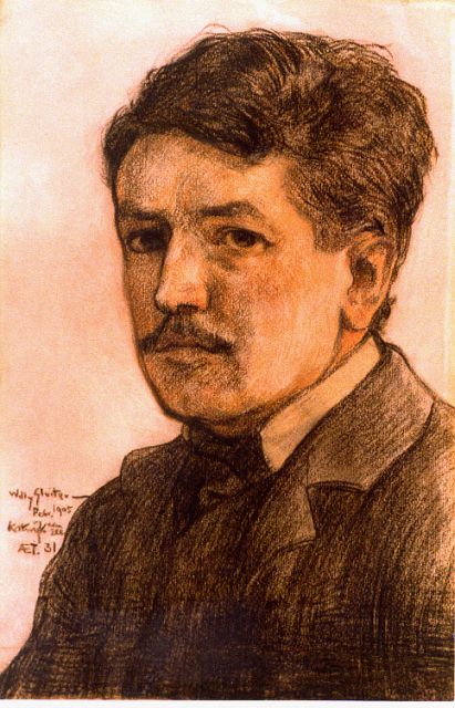 Sluiter J.W.  | Zelfportret dd. febr. 1905, tekening op papier 26,0 x 20,0 cm, gesigneerd l.o.