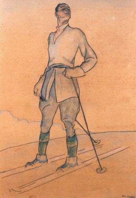 Sluiter J.W.  | De skiër, St.-Moritz, pastel en aquarel op papier 43,0 x 32,5 cm, gesigneerd r.o. en gedateerd 1-'21