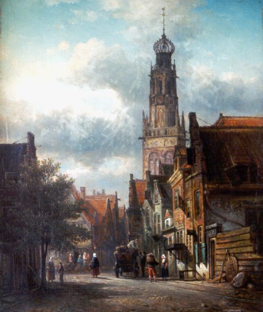 Bommel E.P. van | Zonnig straatje aan de voet van de Bakenesserkerk, Haarlem, olieverf op doek 47,3 x 39,7 cm, gesigneerd r.o.