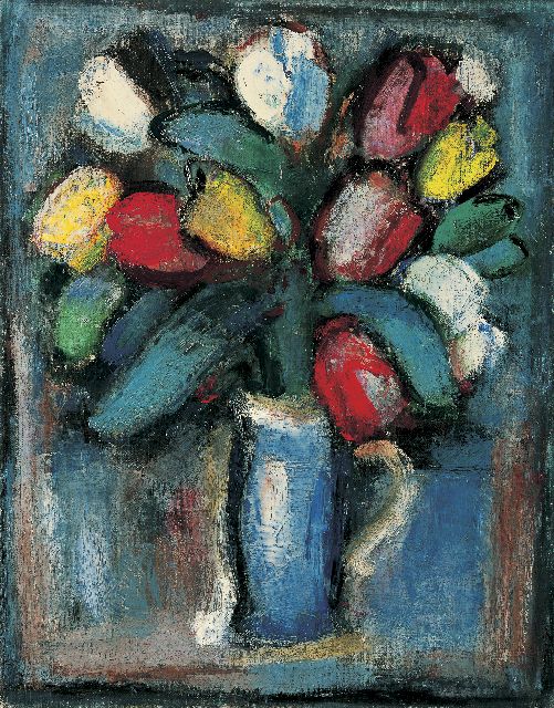 Nanninga J.  | Tulpen in een vaas, olieverf op doek 50,5 x 40,5 cm, gesigneerd r.o. en te dateren ca. 1946-1948
