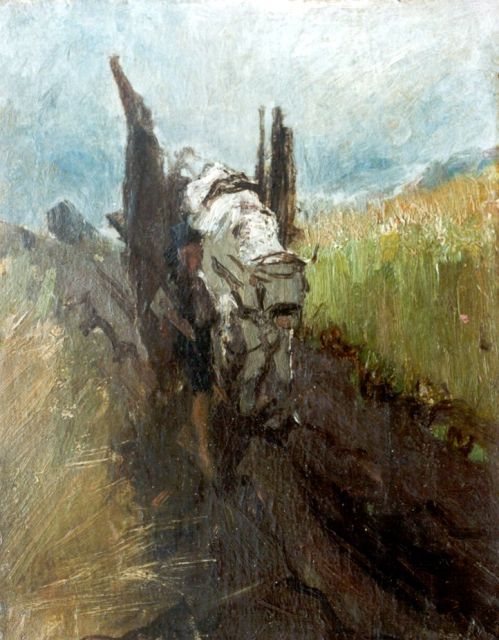 Maris W.  | Boer met vee op een landweg, olieverf op papier op paneel 22,1 x 17,2 cm, gesigneerd l.o.
