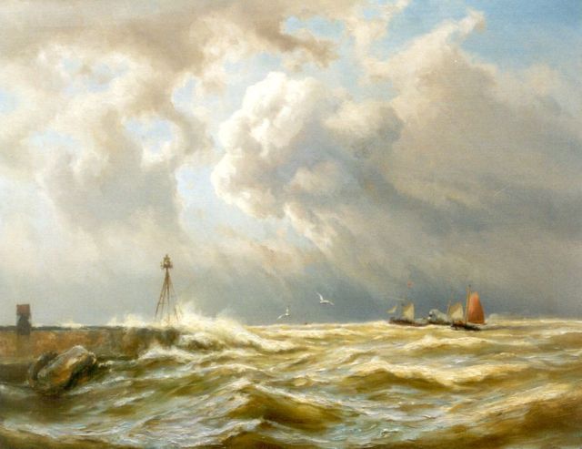 Jan H.B. Koekkoek | Zeilschepen en een raderboot bij storm nabij IJmuiden, olieverf op doek, 63,5 x 80,5 cm, gesigneerd l.o.