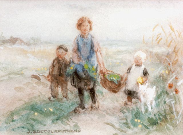 Zoetelief Tromp J.  | Boerenkinderen en een geitje, aquarel op papier 17,5 x 25,2 cm, gesigneerd l.o.