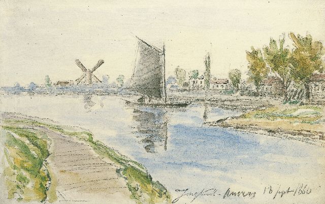 Jongkind J.B.  | Rivierlandschap met molen en zeilboot bij Antwerpen, krijt en aquarel op papier 20,0 x 30,0 cm, gesigneerd r.o. met naamstempel en gedateerd 1860