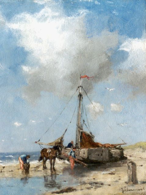 Johan Frederik Cornelis Scherrewitz | Schelpenvissers bij een platbodem op het strand, 26,2 x 20,2 cm, gesigneerd r.o.