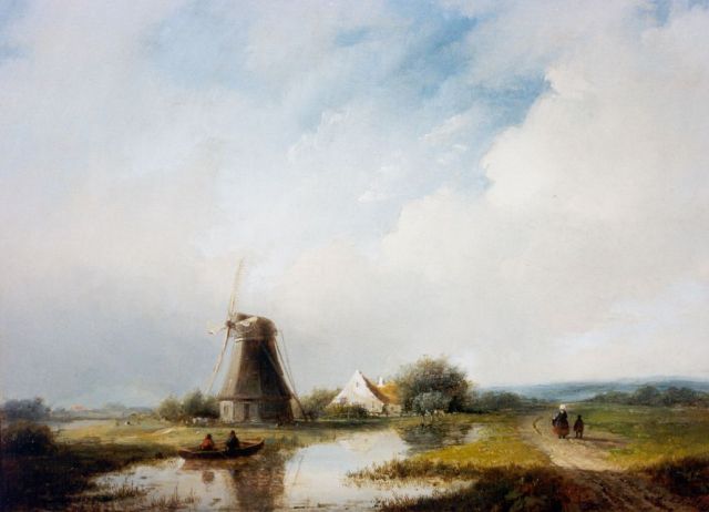Jan Jacob Spohler | Landschap met molen aan een vaart, olieverf op paneel, 30,5 x 39,8 cm, gesigneerd r.o.