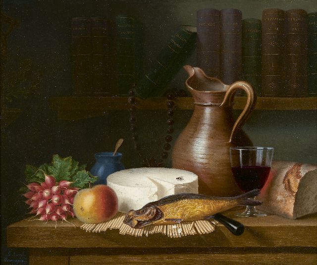 Lesourd-Beauregard A.L.G.  | Stilleven met kruik, kaas, vis en een glas wijn, olieverf op doek 46,3 x 55,2 cm, gesigneerd l.o.