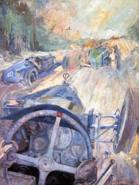 Onbekend | Race met Bugatti's, olieverf op paneel, 79,6 x 60,2 cm, gesigneerd r.o. en te dateren jaren 20