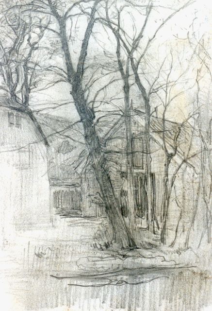 Mondriaan P.C.  | Boerderij bij Duivendrecht; detailstudie van schuur en water, potlood op papier 16,7 x 11,7 cm, te dateren ca. 1905