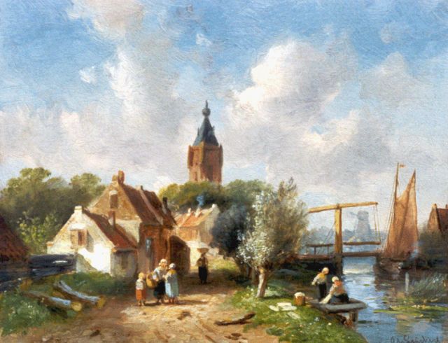 Charles Leickert | Zomers dorpsgezicht met ophaalbrug, olieverf op paneel, 21,5 x 27,0 cm, gesigneerd r.o.