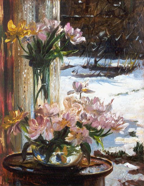 Willem Elisa Roelofs jr. | Bloemstilleven in de winter, olieverf op schildersboard, 24,0 x 18,5 cm, gesigneerd l.o. en gedateerd '16