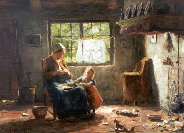 Evert Pieters | Interieur met moeder en kind, olieverf op paneel, 26,6 x 36,0 cm, gesigneerd l.o.