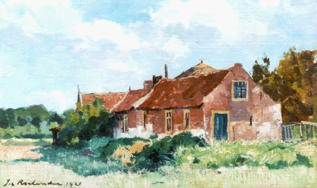 Johannes Cornelis Roelandse | Boerenhuisjes, olieverf op doek op paneel, 23,4 x 38,5 cm, gesigneerd l.o. en gedateerd 1921