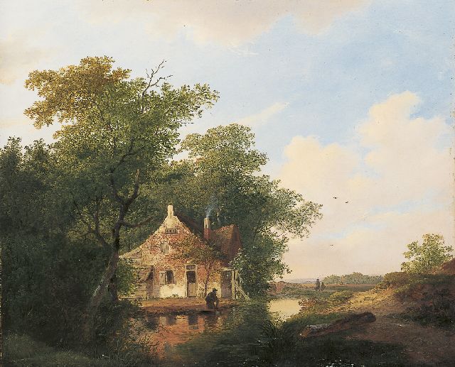 Stok J. van der | Boerenhuisje met visser bij een vaart, olieverf op paneel 41,8 x 50,7 cm, gedateerd 1826