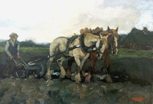 Cor Noltee | Ploegende boer, olieverf op doek, 35,3 x 50,5 cm, gesigneerd r.o.