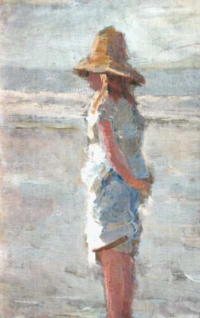 Marinus van der Maarel | Meisje aan het strand, olieverf op doek op board, 31,3 x 21,6 cm