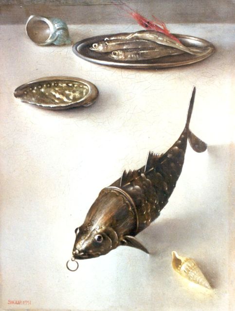Shoup C.  | Stilleven met lokvis en schelpen, olieverf op paneel 22,6 x 17,3 cm, gesigneerd l.o. en gedateerd 1951