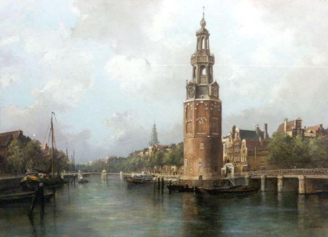 Jan van der Linde | Gezicht op de Oudeschans met de Montelbaanstoren, Amsterdam, olieverf op doek, 80,9 x 110,5 cm, gesigneerd r.o.
