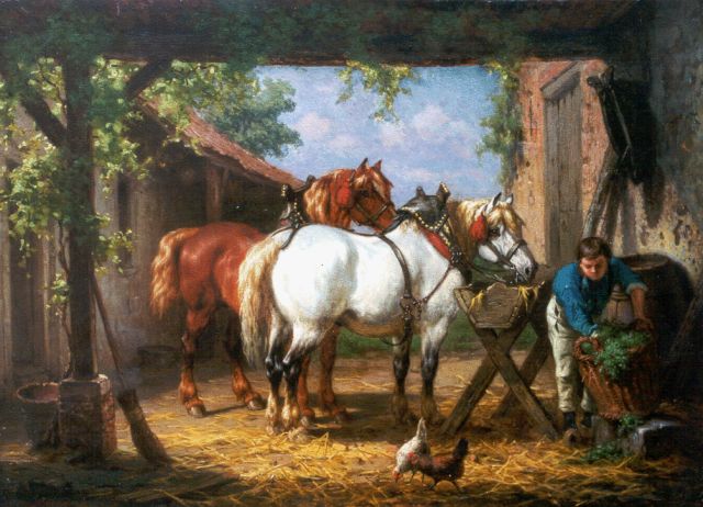 Boogaard W.J.  | De paarden voeren, olieverf op paneel 30,1 x 41,2 cm, gesigneerd l.o.