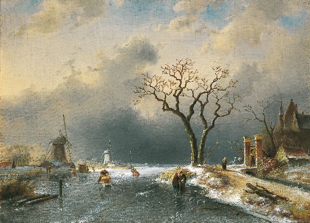 Charles Leickert | Winterlandschap met schaatsers en koek-en-zopie, olieverf op doek, 43,5 x 60,0 cm, gesigneerd l.o. en gedateerd '65