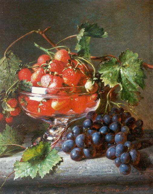 Haanen A.J.  | Stilleven met aardbeien en druiven, olieverf op paneel 36,0 x 28,7 cm, gesigneerd r.o.