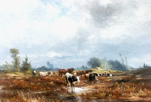 Prooijen A.J. van | Heidelandschap met herders en vee, olieverf op paneel 19,7 x 28,5 cm, gesigneerd l.o.